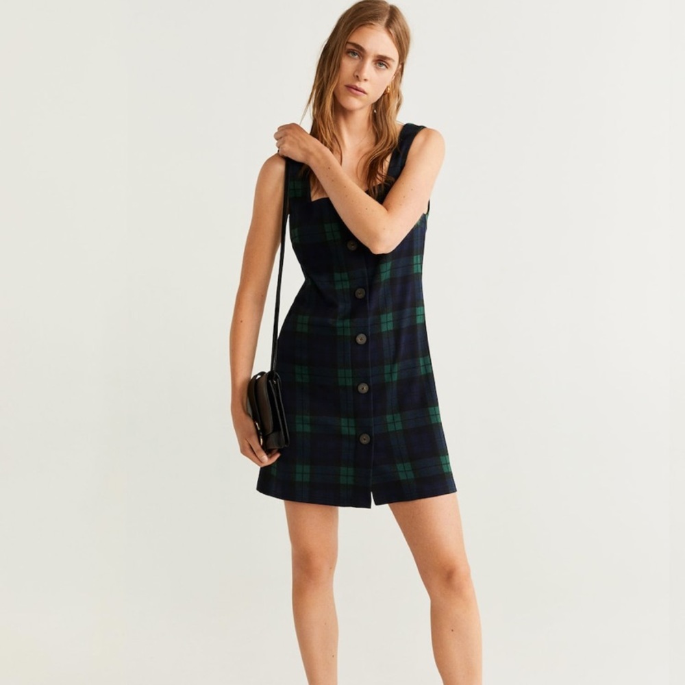 Buttoned printed plaid dress